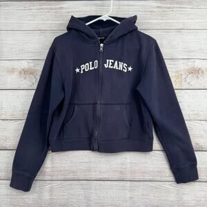 Ralph Lauren Polo Jeans Co Embroidered Crop Hoodie Womens Large Blue Slim